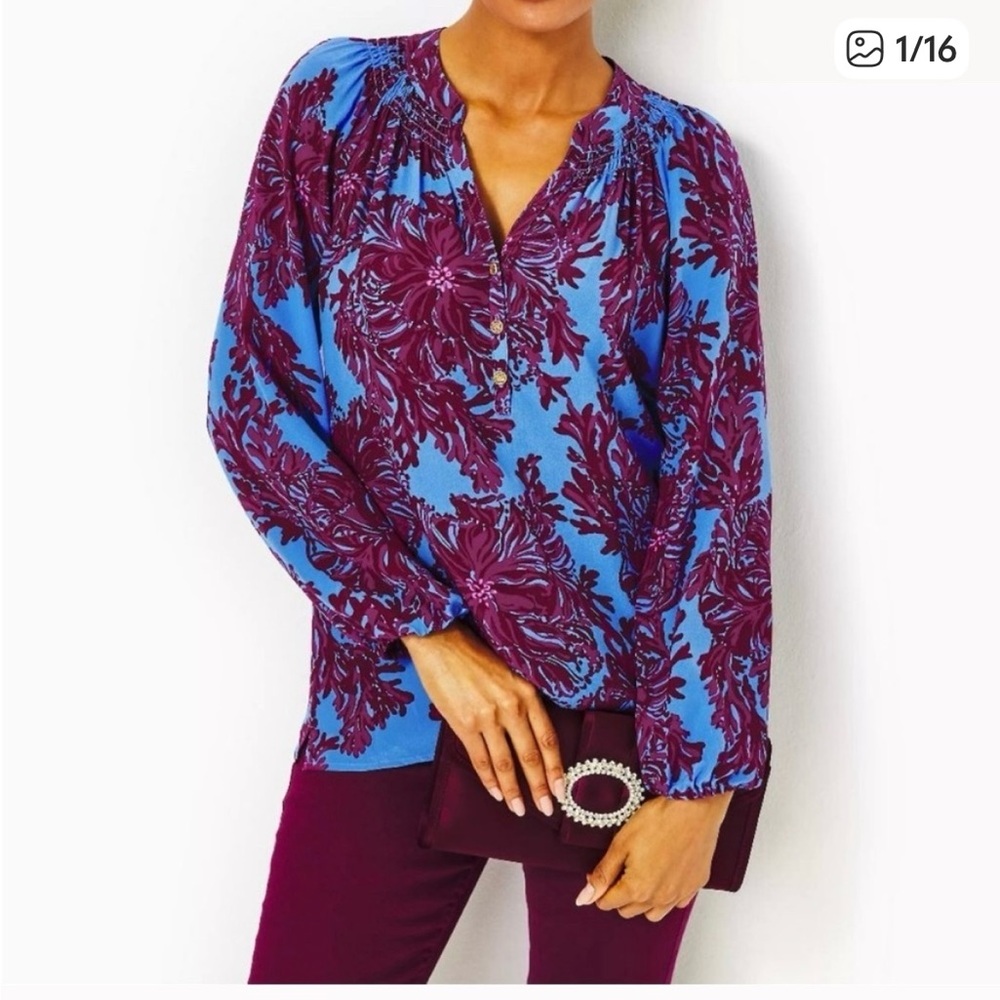 Lilly Pulitzer Silk Elsa blouse in shellebrity abaco blue
